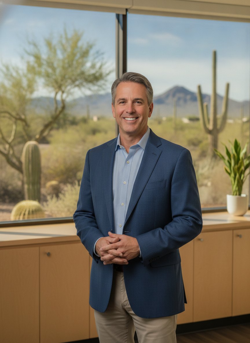 A friendly, approachable local Arizona insurance agent smiling in a bright office